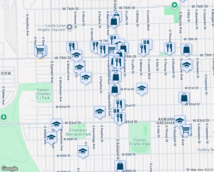 map of restaurants, bars, coffee shops, grocery stores, and more near 8101 South Marshfield Avenue in Chicago