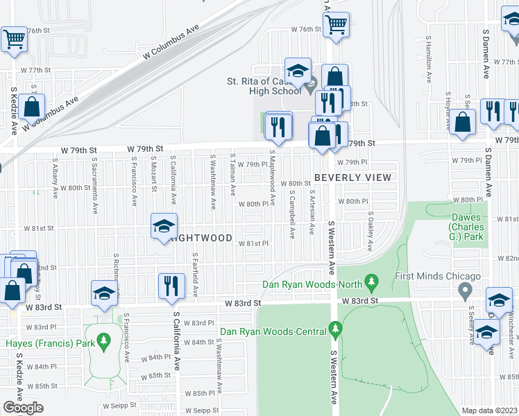 map of restaurants, bars, coffee shops, grocery stores, and more near 2548 West 81st Street in Chicago
