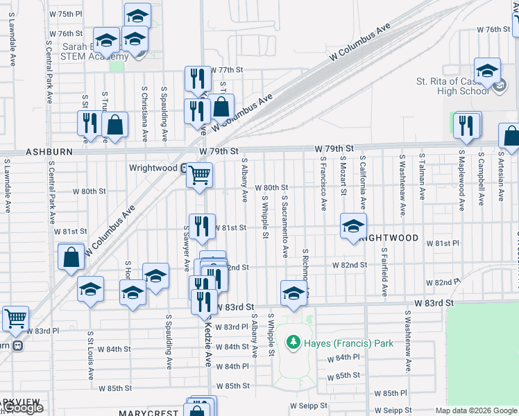 map of restaurants, bars, coffee shops, grocery stores, and more near 8054 South Whipple Street in Chicago