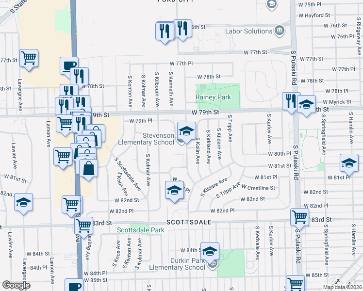 map of restaurants, bars, coffee shops, grocery stores, and more near 7958 South Kostner Avenue in Chicago