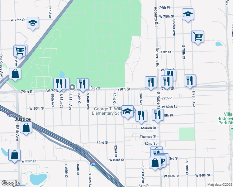 map of restaurants, bars, coffee shops, grocery stores, and more near 7925 South 82nd Court in Justice