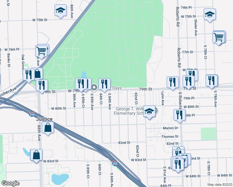 map of restaurants, bars, coffee shops, grocery stores, and more near 7926 South 83rd Court in Justice