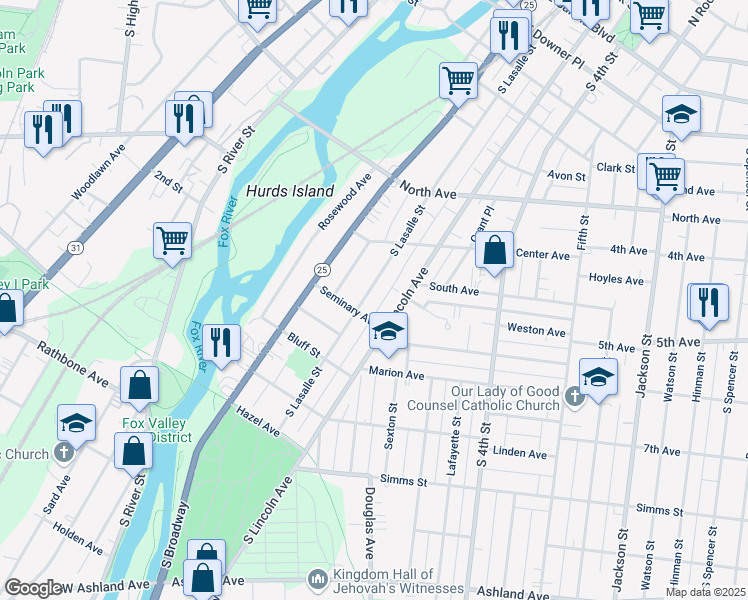 map of restaurants, bars, coffee shops, grocery stores, and more near 214 Seminary Avenue in Aurora