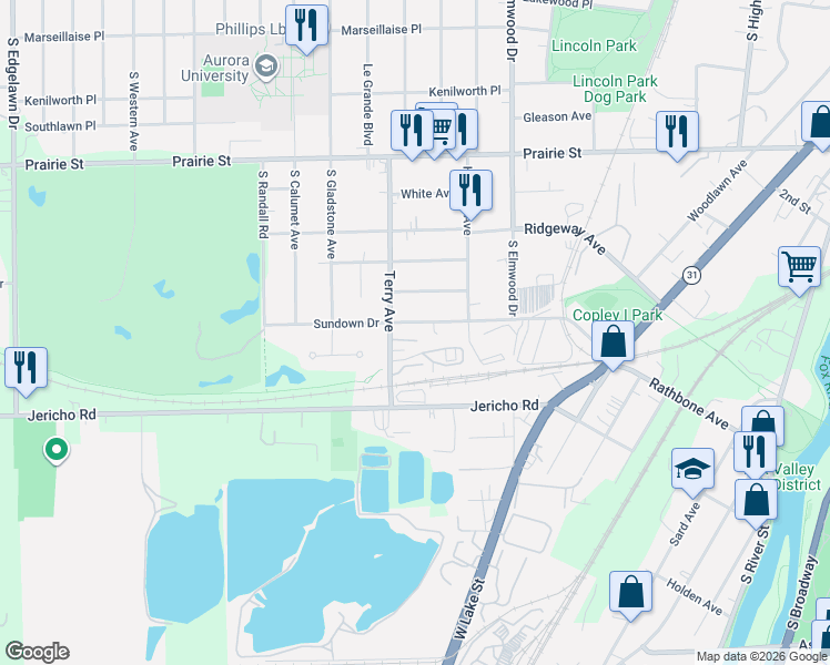 map of restaurants, bars, coffee shops, grocery stores, and more near 698 Terry Avenue in Aurora