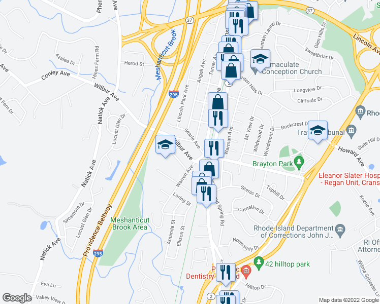 map of restaurants, bars, coffee shops, grocery stores, and more near 55 Wilbur Avenue in Cranston
