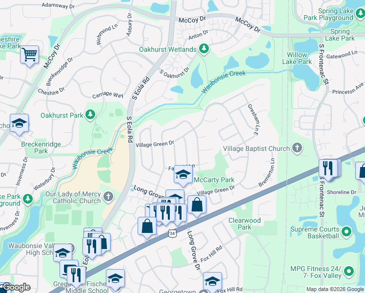 map of restaurants, bars, coffee shops, grocery stores, and more near 472 Mayfield Lane in Aurora