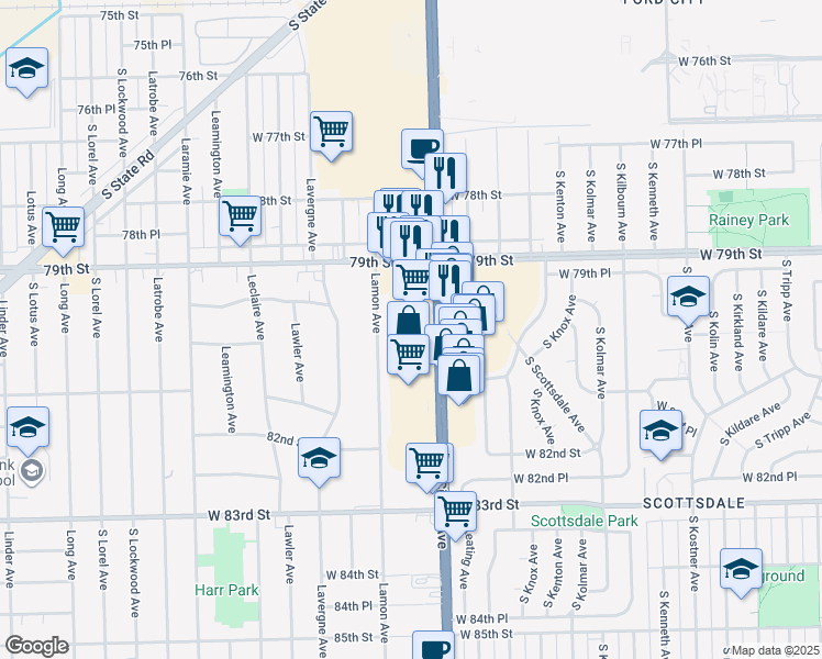 map of restaurants, bars, coffee shops, grocery stores, and more near 8014 South Cicero Avenue in Burbank