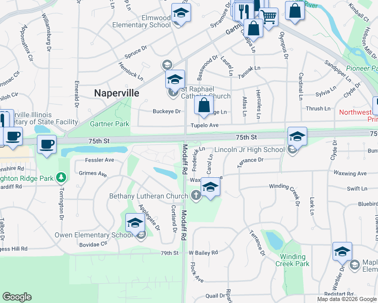 map of restaurants, bars, coffee shops, grocery stores, and more near 1330 Modaff Road in Naperville
