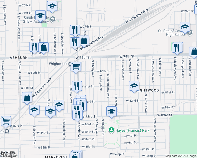 map of restaurants, bars, coffee shops, grocery stores, and more near 8054 South Whipple Street in Chicago