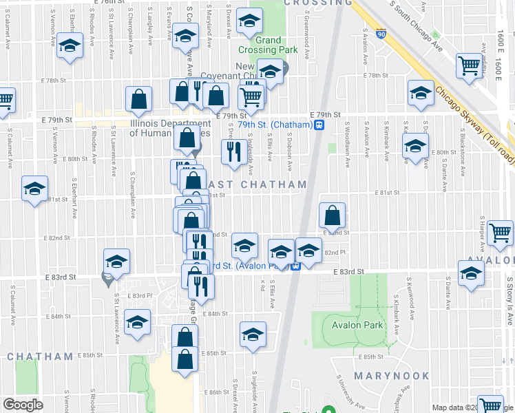 map of restaurants, bars, coffee shops, grocery stores, and more near 8107 South Ingleside Avenue in Chicago