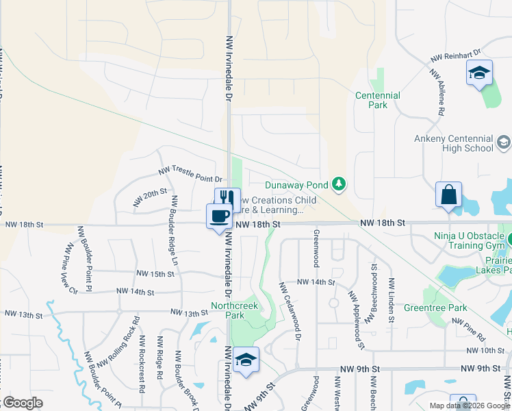 map of restaurants, bars, coffee shops, grocery stores, and more near 2845 Northwest 20th Lane in Ankeny