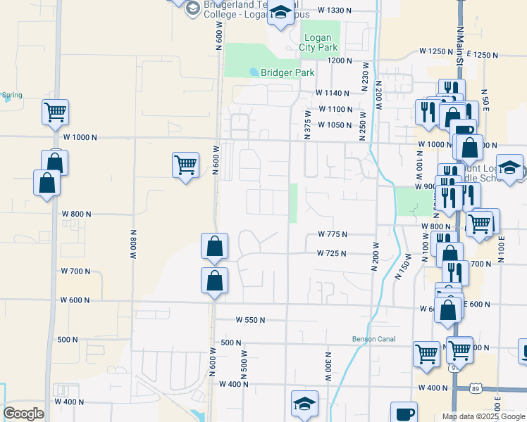 map of restaurants, bars, coffee shops, grocery stores, and more near 818 North 480 West in Logan
