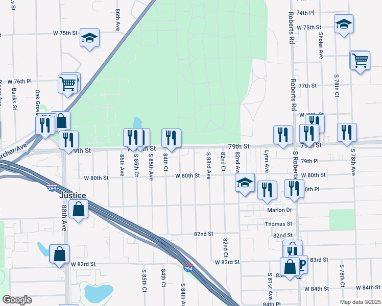 map of restaurants, bars, coffee shops, grocery stores, and more near 7900 South 83rd Court in Justice