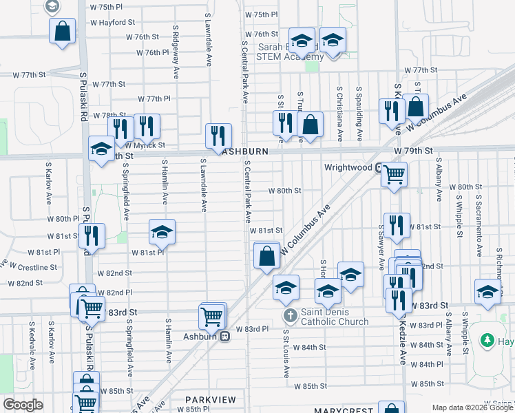 map of restaurants, bars, coffee shops, grocery stores, and more near 3540 West 80th Place in Chicago