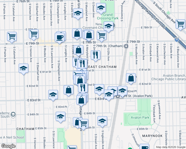 map of restaurants, bars, coffee shops, grocery stores, and more near 8142 South Drexel Avenue in Chicago