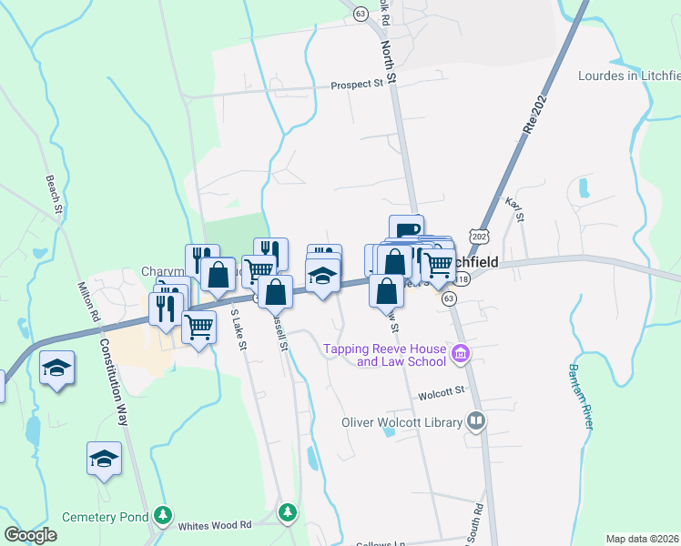 map of restaurants, bars, coffee shops, grocery stores, and more near 102 West Street in Litchfield