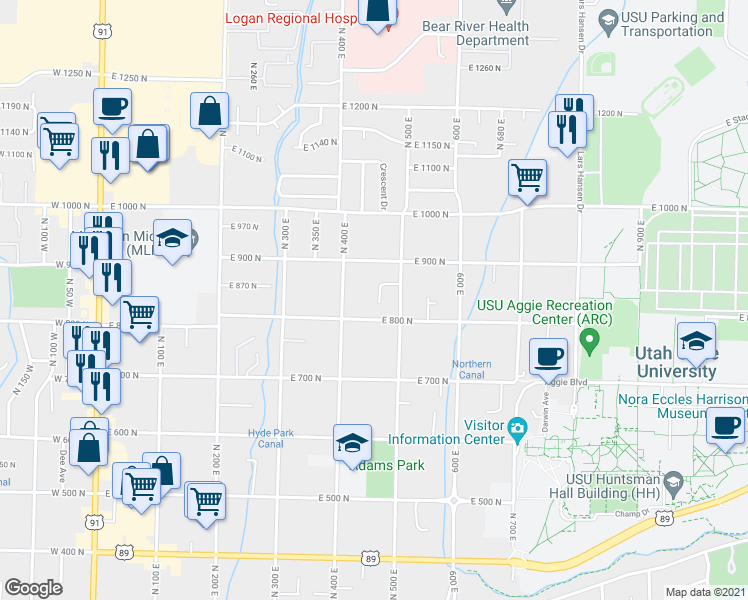 map of restaurants, bars, coffee shops, grocery stores, and more near 831 North 460 East in Logan