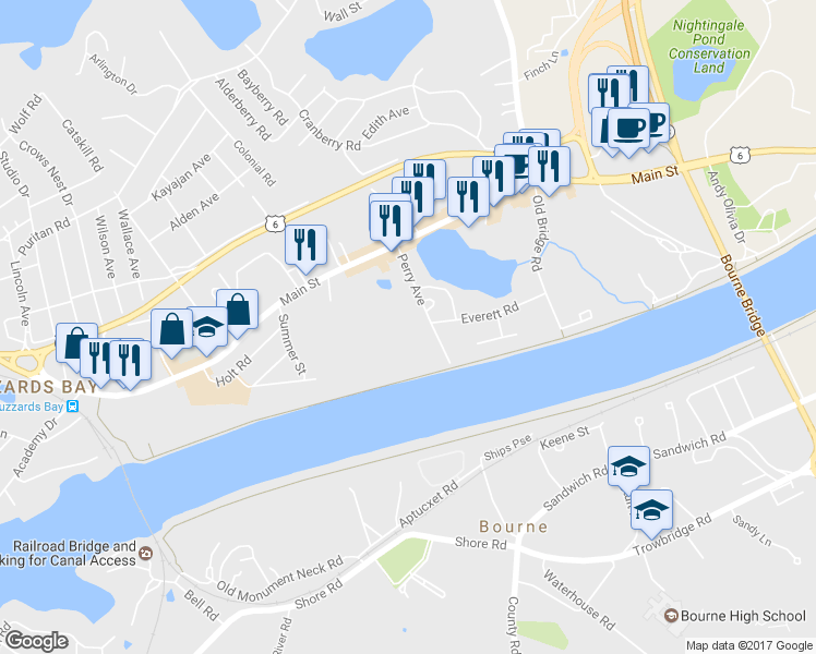 map of restaurants, bars, coffee shops, grocery stores, and more near 25 Perry Ave in Buzzards Bay