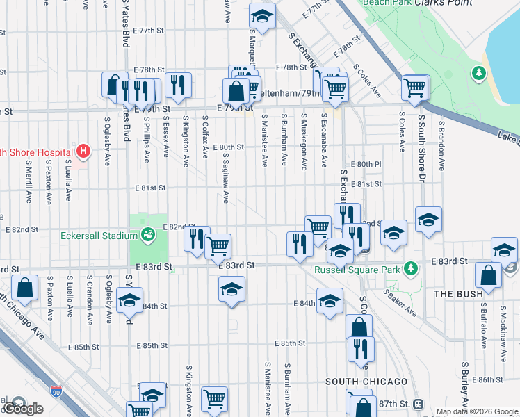 map of restaurants, bars, coffee shops, grocery stores, and more near 8158 South Manistee Avenue in Chicago