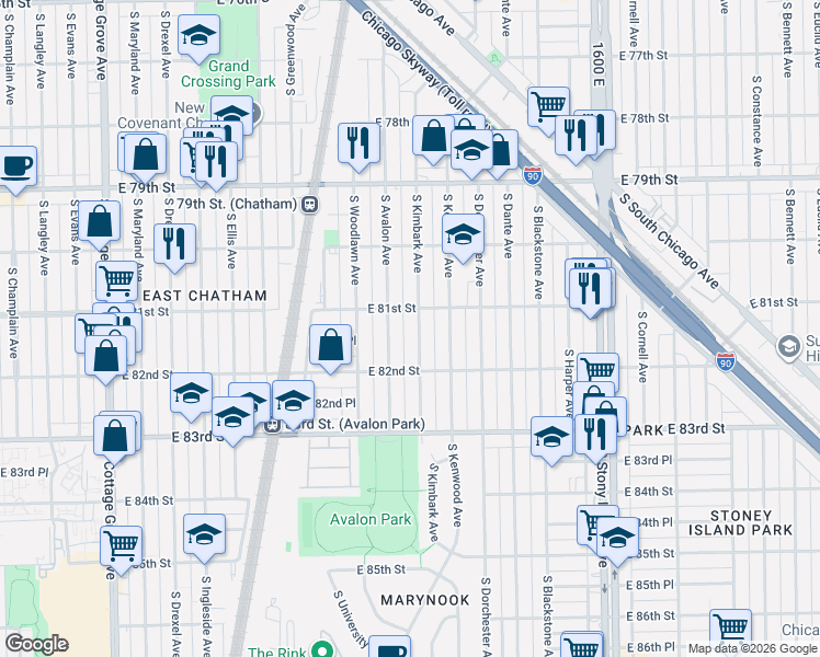 map of restaurants, bars, coffee shops, grocery stores, and more near 8141 South Avalon Avenue in Chicago