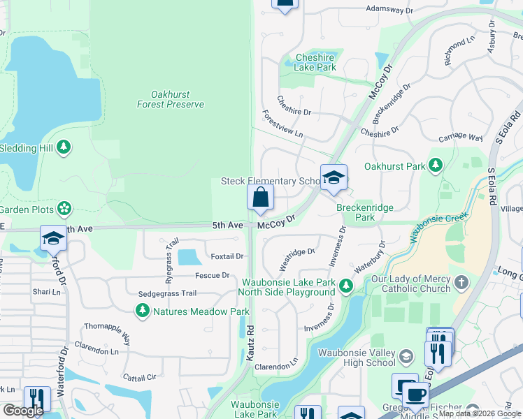 map of restaurants, bars, coffee shops, grocery stores, and more near 2216 Thornwood Court in Aurora