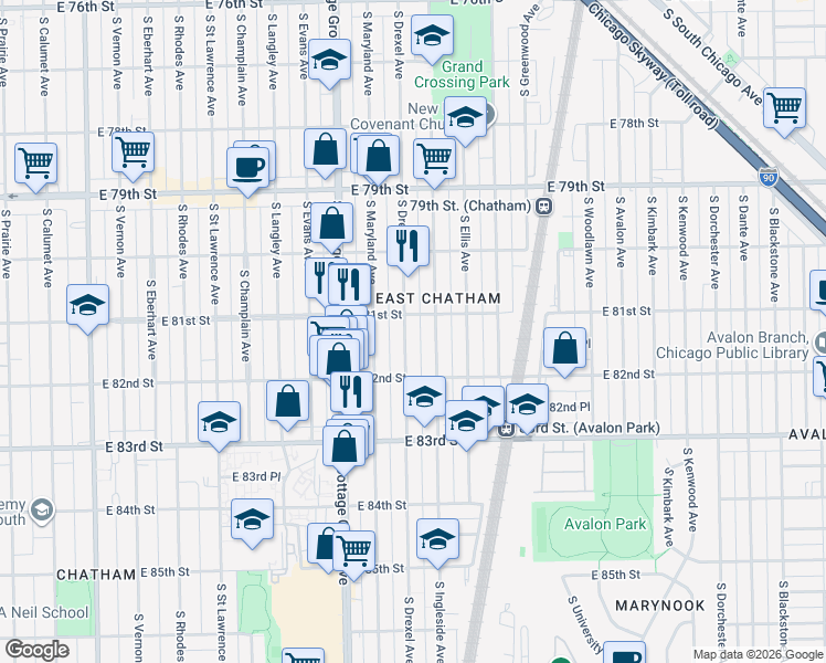 map of restaurants, bars, coffee shops, grocery stores, and more near 8113 South Drexel Avenue in Chicago