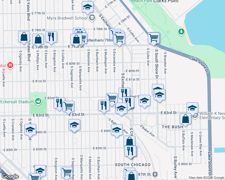 map of restaurants, bars, coffee shops, grocery stores, and more near 8138 South Escanaba Avenue in Chicago