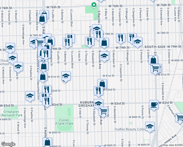 map of restaurants, bars, coffee shops, grocery stores, and more near 8107 South Throop Street in Chicago