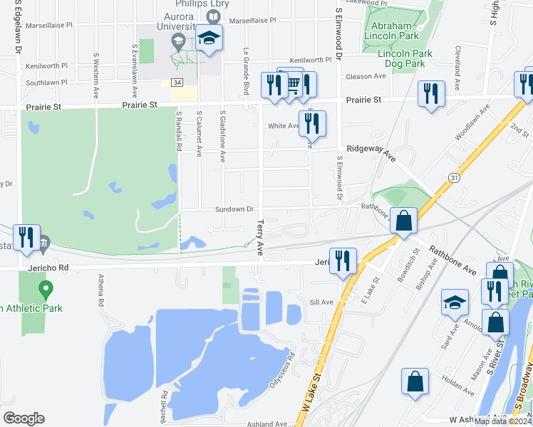 map of restaurants, bars, coffee shops, grocery stores, and more near 1154 Rathbone Avenue in Aurora