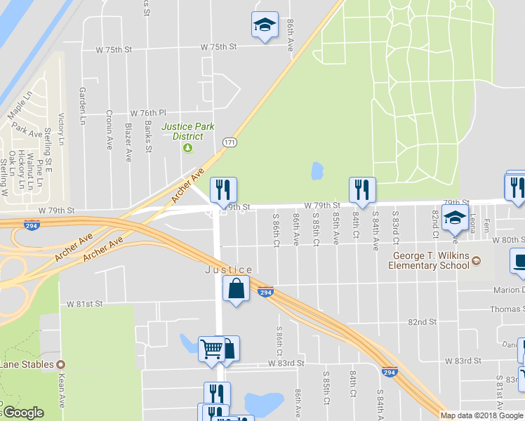 map of restaurants, bars, coffee shops, grocery stores, and more near 7901 South 87th Avenue in Justice
