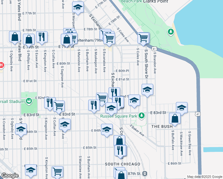 map of restaurants, bars, coffee shops, grocery stores, and more near 8159 South Escanaba Avenue in Chicago