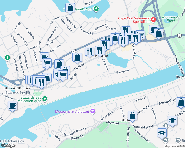 map of restaurants, bars, coffee shops, grocery stores, and more near in Bourne
