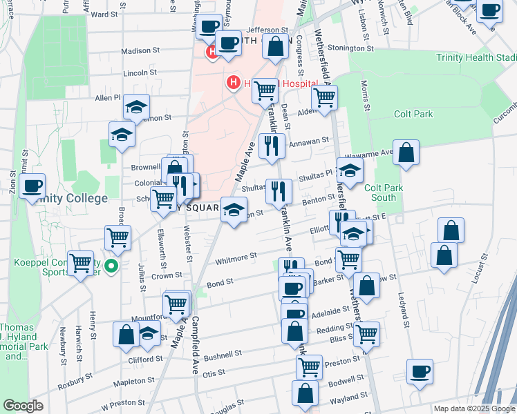 map of restaurants, bars, coffee shops, grocery stores, and more near 14 Warner Street in Hartford