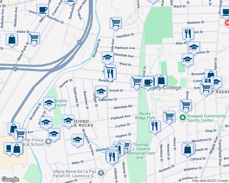 map of restaurants, bars, coffee shops, grocery stores, and more near 72 Catherine Street in Hartford