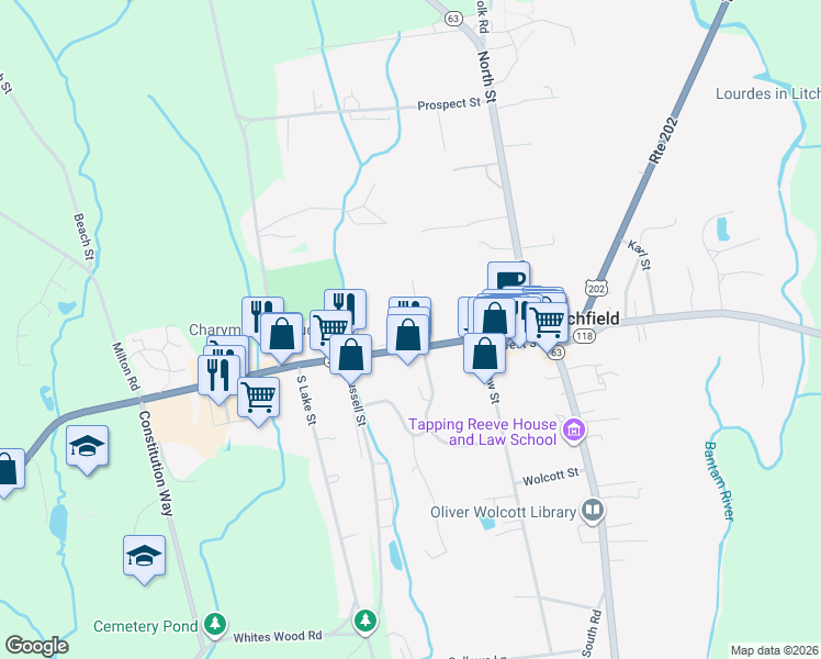 map of restaurants, bars, coffee shops, grocery stores, and more near 149 West Street in Litchfield