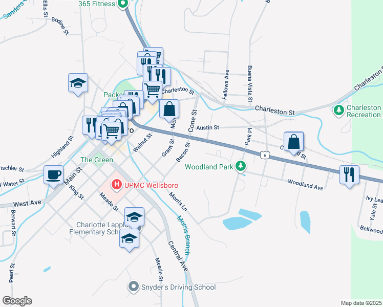 map of restaurants, bars, coffee shops, grocery stores, and more near 11 Bacon Street in Wellsboro