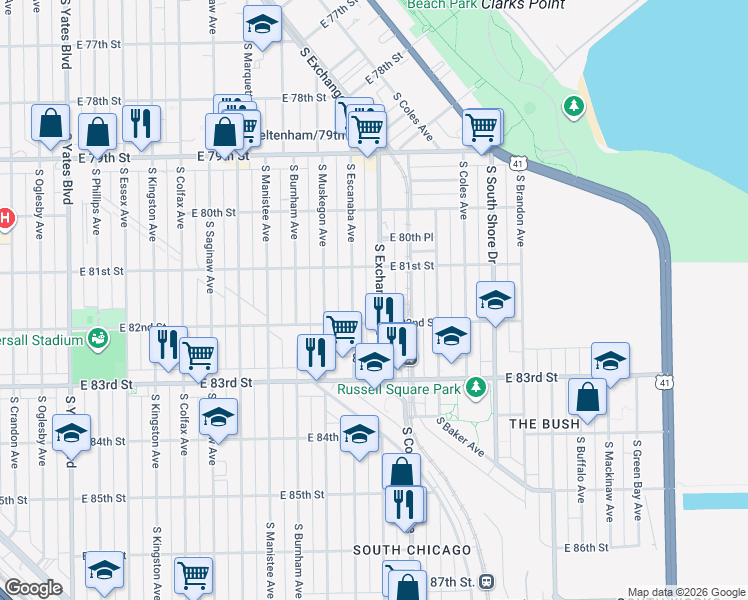 map of restaurants, bars, coffee shops, grocery stores, and more near 8159 South Escanaba Avenue in Chicago