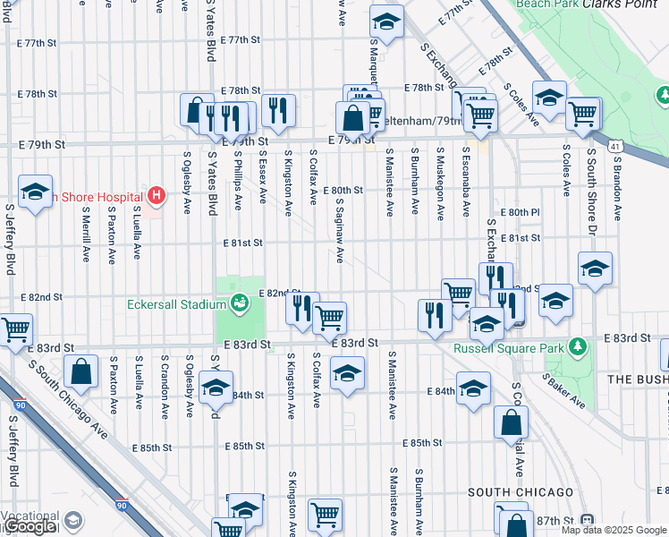 map of restaurants, bars, coffee shops, grocery stores, and more near 2600 East 82nd Street in Chicago