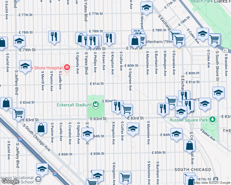 map of restaurants, bars, coffee shops, grocery stores, and more near 8159 South Kingston Avenue in Chicago