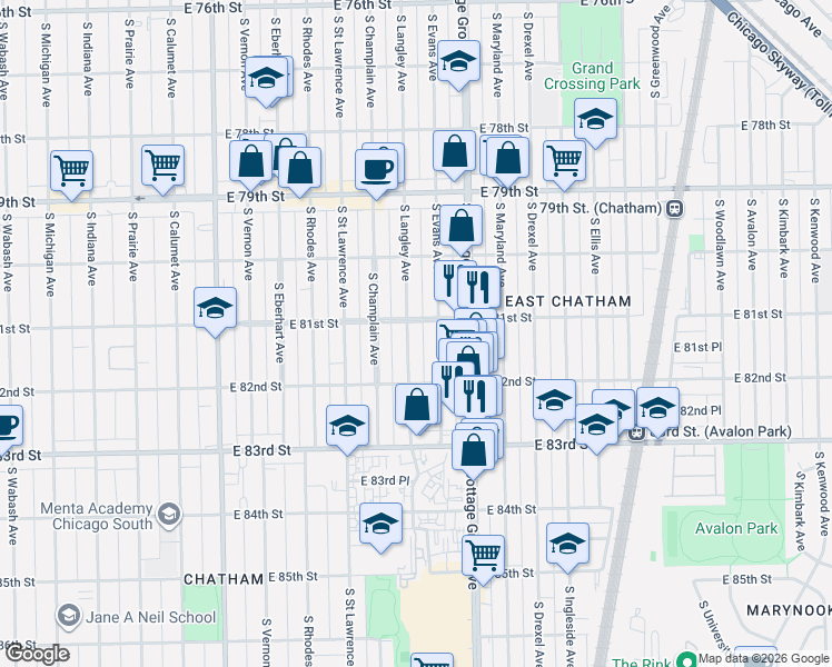 map of restaurants, bars, coffee shops, grocery stores, and more near 8137 South Langley Avenue in Chicago