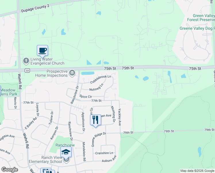 map of restaurants, bars, coffee shops, grocery stores, and more near 2047 Cobblebrook Lane in Naperville