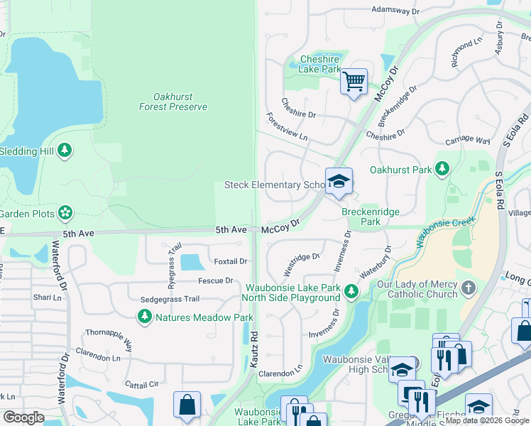 map of restaurants, bars, coffee shops, grocery stores, and more near 2216 Thornwood Court in Aurora