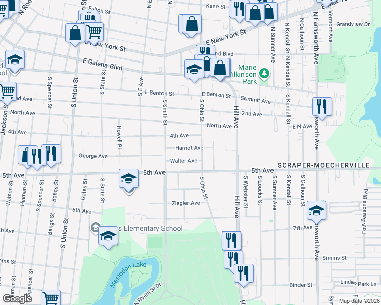map of restaurants, bars, coffee shops, grocery stores, and more near 453 South Ohio Street in Aurora