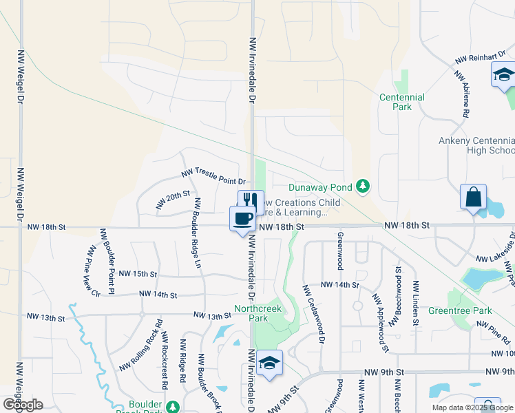map of restaurants, bars, coffee shops, grocery stores, and more near 1812 Northwest North Creek Drive in Ankeny