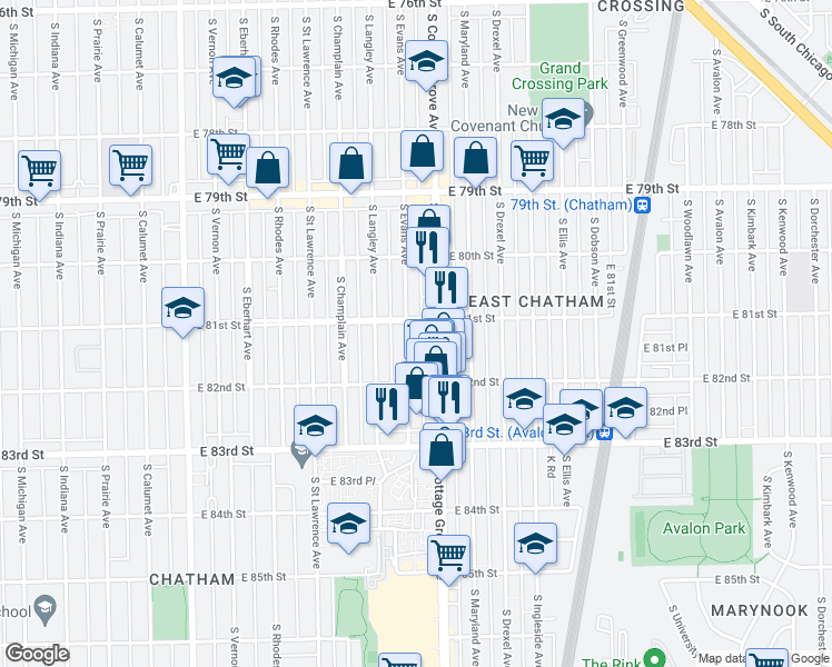 map of restaurants, bars, coffee shops, grocery stores, and more near 8111 South Evans Avenue in Chicago