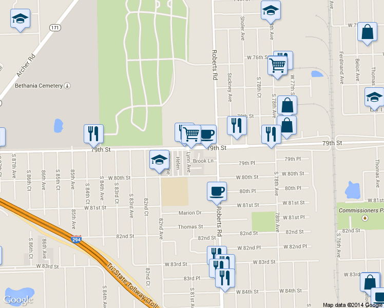 map of restaurants, bars, coffee shops, grocery stores, and more near 8049 West 79th Street in Justice