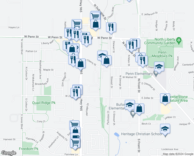 map of restaurants, bars, coffee shops, grocery stores, and more near 120 West Cherry Court in North Liberty