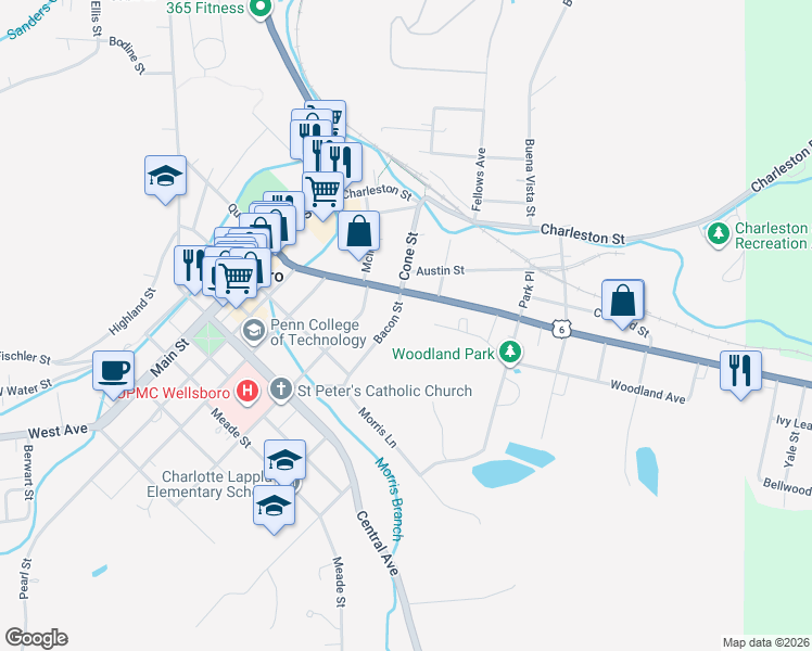 map of restaurants, bars, coffee shops, grocery stores, and more near 11 Bacon Street in Wellsboro