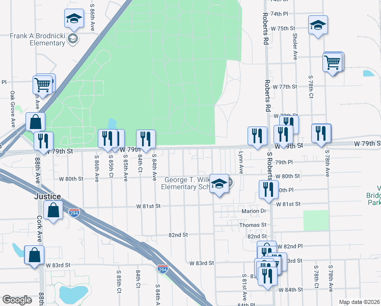 map of restaurants, bars, coffee shops, grocery stores, and more near 7926 South 83rd Avenue in Justice