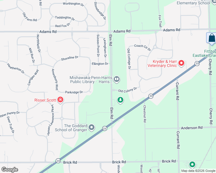 map of restaurants, bars, coffee shops, grocery stores, and more near 51459 Elm Road in Granger